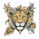Half lion face morphing into flowers with birthdates  tattoo design idea