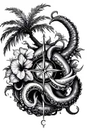 kraken hibiscus palm tree compass tattoo design idea