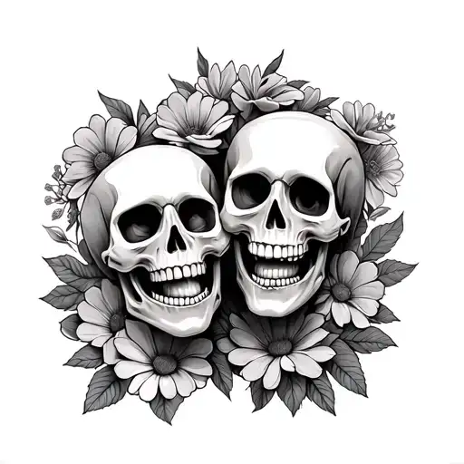 two skeletons, smiling in a picture,  americana, flowers tattoo design idea