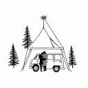 Van with firs, tent and lovers hugging each tattoo design idea