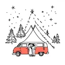 Van with firs, tent and lovers hugging each tattoo design idea