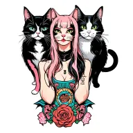 woman punk with gang of cats tattoo design idea
