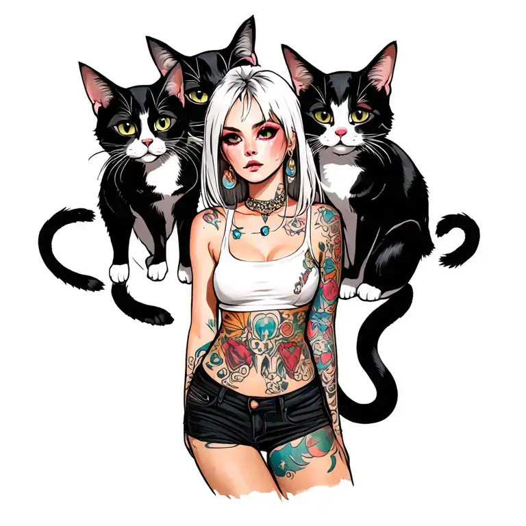 woman punk with gang of cats tattoo design idea
