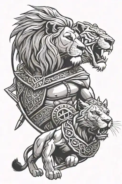 roman empire gladiator and simba from the lion king tattoo design idea