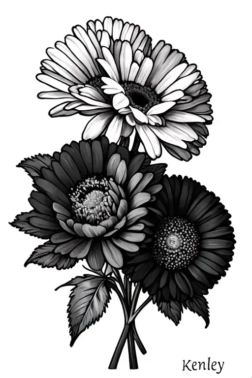 birth flower bouquet with names in the stem. carnation with Kenley in the stem, daisy for  Auston, cosmo for kayd tattoo design idea