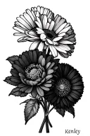 birth flower bouquet with names in the stem. carnation with Kenley in the stem, daisy for  Auston, cosmo for kayd tattoo design idea