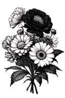 birth flower bouquet with names in the stem. carnation with Kenley in the stem, daisy for  Auston, cosmo for kayd tattoo design idea