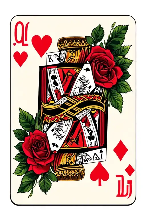 4 playing cards an ace, king, queen and in the middle hearts with an infinity sign and then roses as the background  tattoo design idea