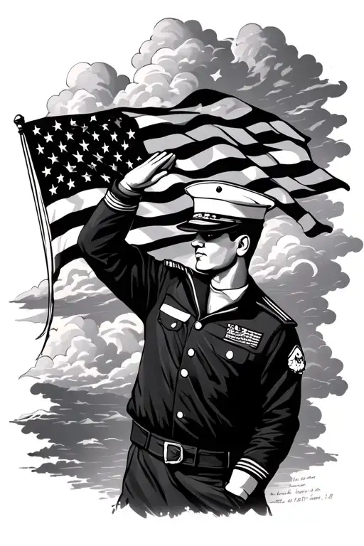 navy sailor saluting the american flag, with clouds opening up and a background or isaiah 6:8 tattoo design idea