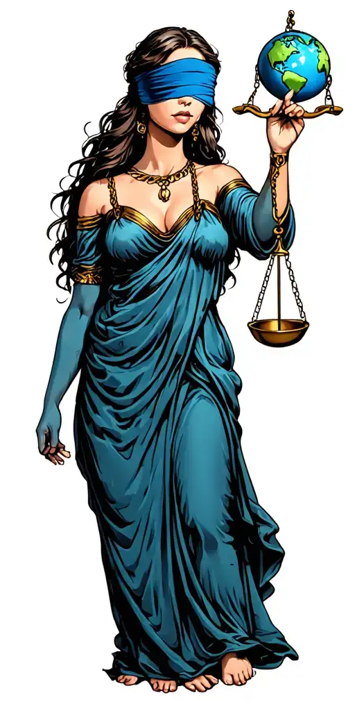 blindfolded libra woman holding the scales of justice in one hand and the world in the other hand.  tattoo design idea