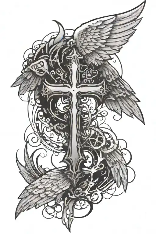 cyber sigilism cross with wings spread tattoo design idea
