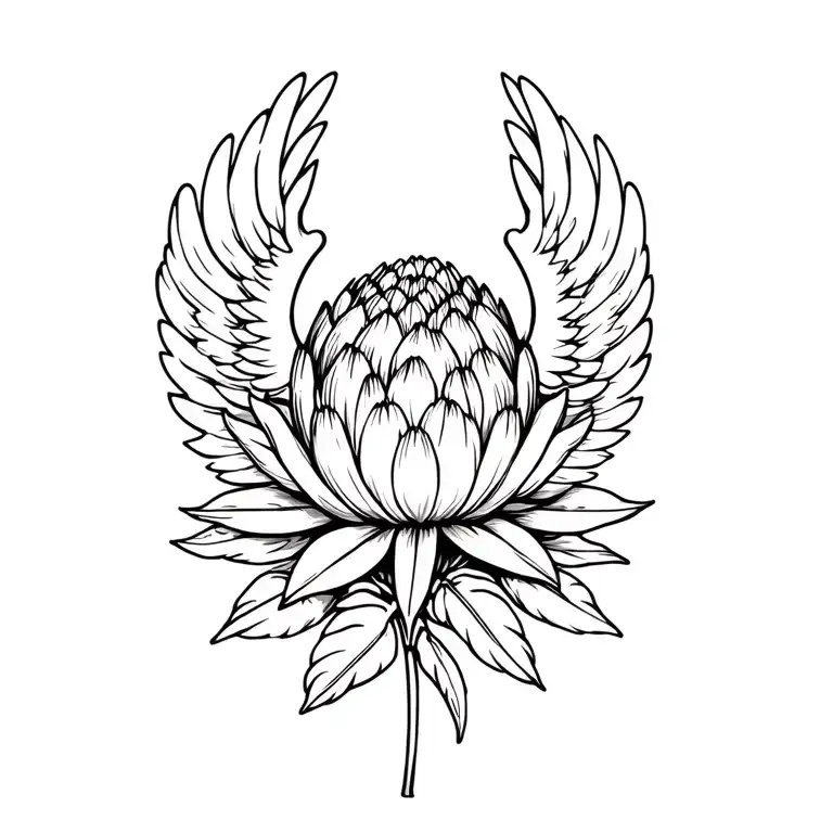 protea flower with angel wings and feathers tattoo design idea