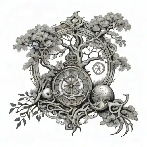 alpha and omega symobs with tree and cross and clock tattoo design idea