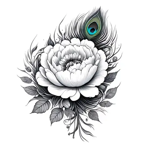 peonies peacock feather intertwined and vine wrapping tattoo design idea