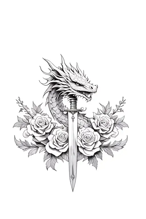 dragon and dagger and roses tattoo design idea