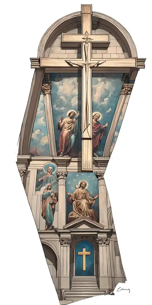 The inside of a catholic church with an upside down cross tattoo design idea