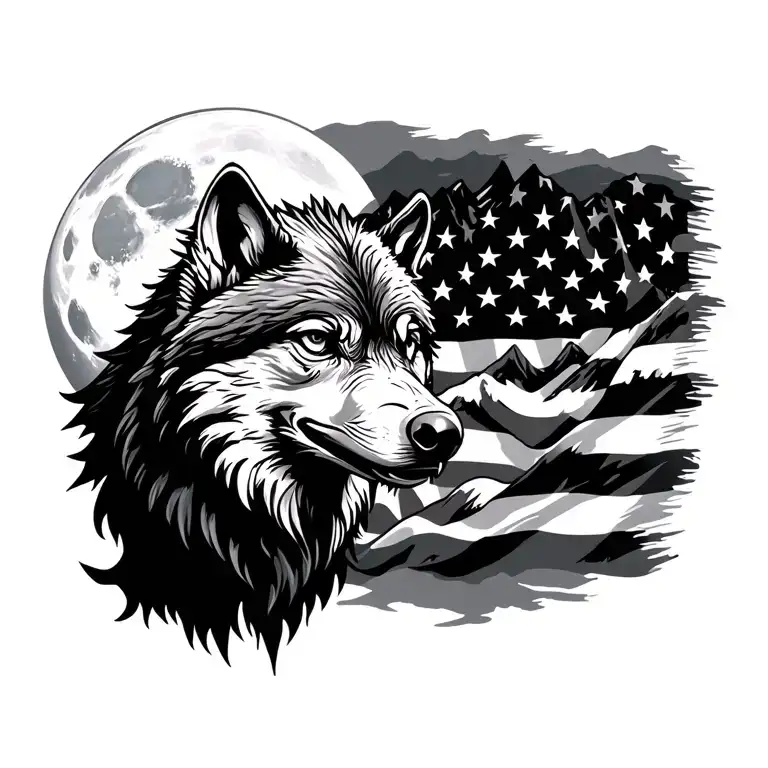 wolf with moon and mountain range and American flag with head of bald eagle silhouette tattoo design idea