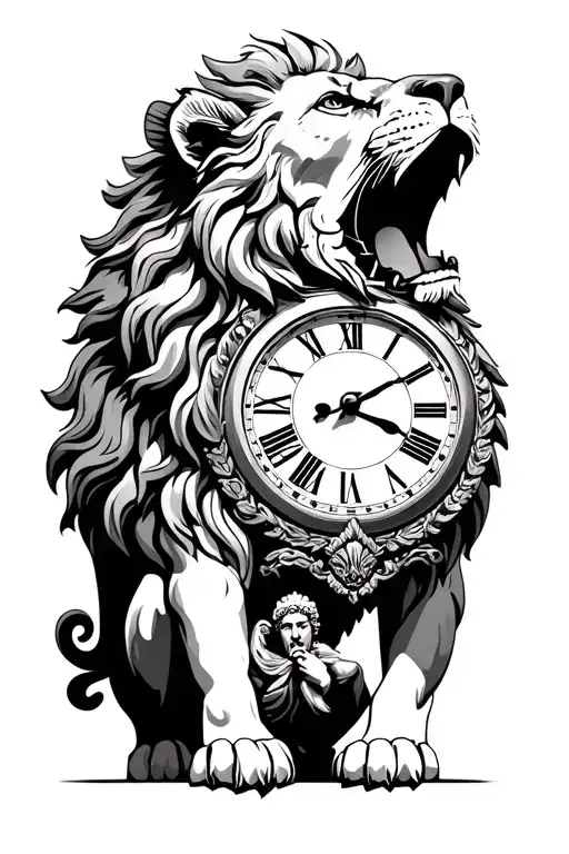 imposing lion with open mouth with Roman figure clock with figure going behind tattoo design idea