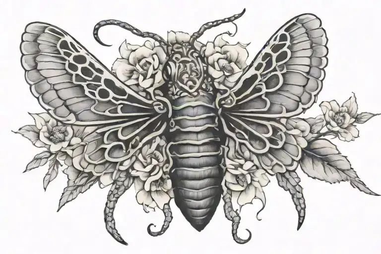 flowers, deaths head moth, snakes wrapped together tattoo design idea