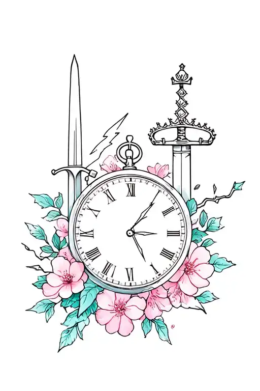 crown, sword, stopwatch, sun, cherry blossoms and lightning tattoo design idea