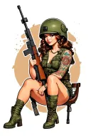 army pin up girl sitting with rifle and helmet tattoo design idea