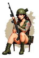 army pin up girl sitting with rifle and helmet tattoo design idea