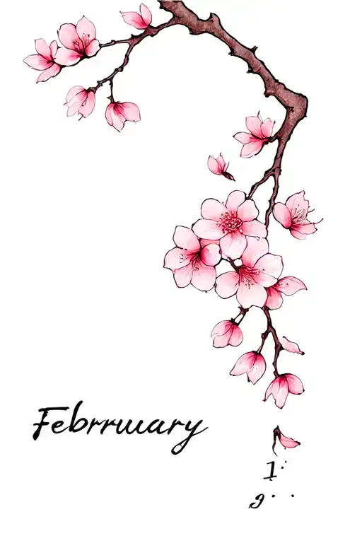 fine line tattoo with February birth date and cherry blossom  tattoo design idea