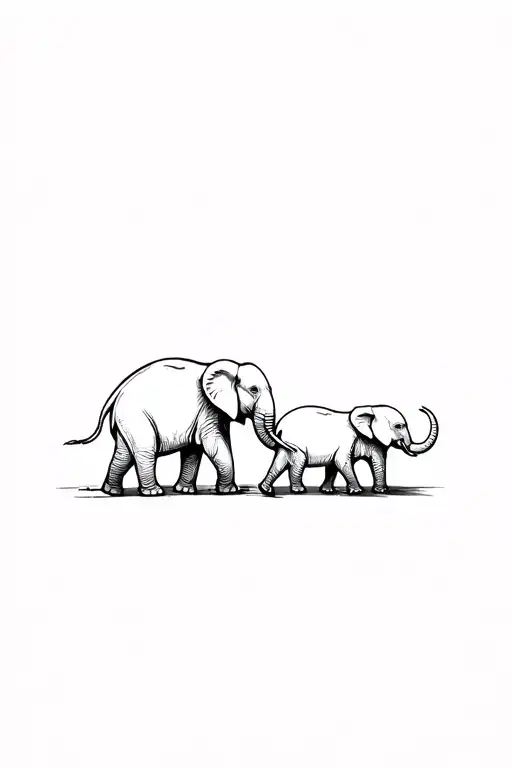 father mother baby elephant walking holding tails tattoo design idea