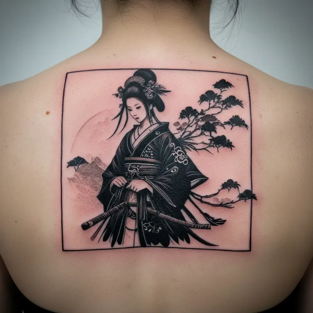Combine elements of Japanese gaming with traditional warrior and geisha imagery tattoo design idea