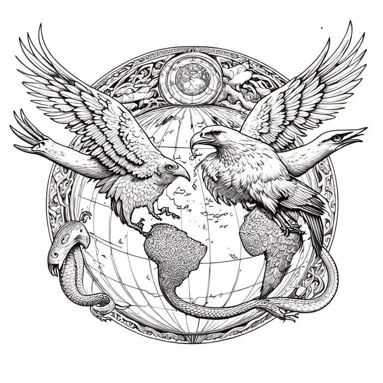 An eagle and a raven surrounding the planet Earth. And a snake in the center tattoo design idea
