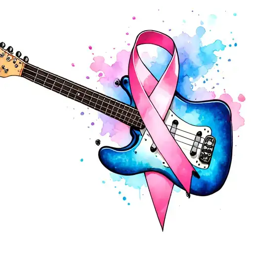Bass guitar intertwined breast cancer ribbon tattoo design idea