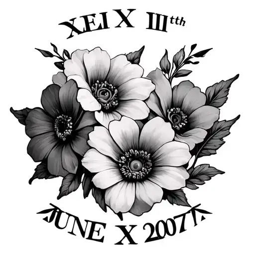 June 15th 2007 in roman numerals surrounded by 3 flowers tattoo design idea