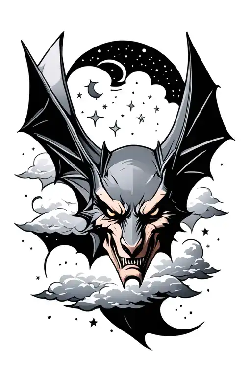 black work traditional tattoo of a bat head with added stars moons clouds and make it to fit on a forearm tattoo design idea