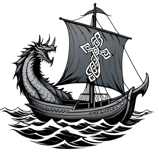 "A Viking drakkar with a dragon head prow and square sail featuring a Celtic cross with knotwork patterns. Stormy sea tattoo design idea