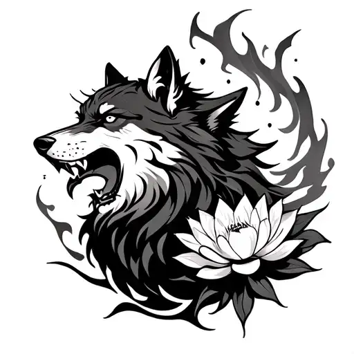 Fire angry wolf howl and lotus flowers tattoo design idea