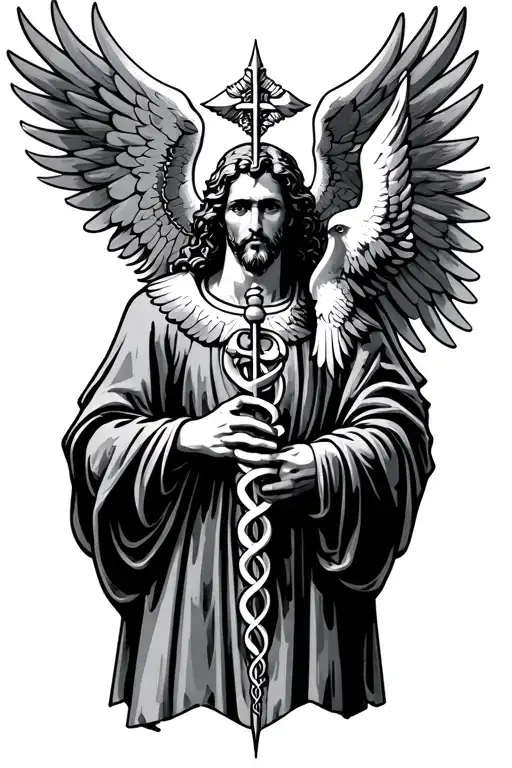 st Raphael holding a caduceus staff symbol incorporating elements dove tattoo design idea