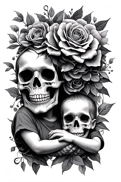 skull, mum and son holding hands tattoo design idea