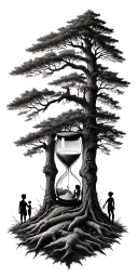 Pine forest wrap around and family tree and hourglass father with 2 boys and 1 girl tattoo design idea
