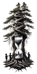 Pine forest wrap around and family tree and hourglass father with 2 boys and 1 girl tattoo design idea