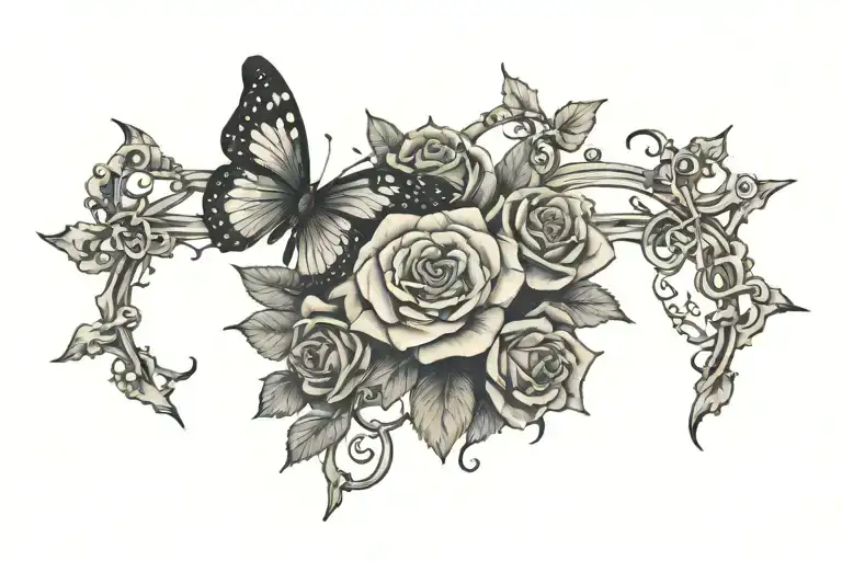 clouds floating, Butterflies flying, roses surrounding, cross intertwined, heart thorns, Bible verse, Amanda Rip 1985-2 tattoo design idea