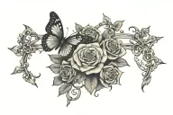 clouds floating, Butterflies flying, roses surrounding, cross intertwined, heart thorns, Bible verse, Amanda Rip 1985-2 tattoo design idea