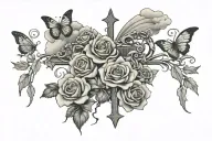 clouds floating, Butterflies flying, roses surrounding, cross intertwined, heart thorns, Bible verse, Amanda Rip 1985-2 tattoo design idea