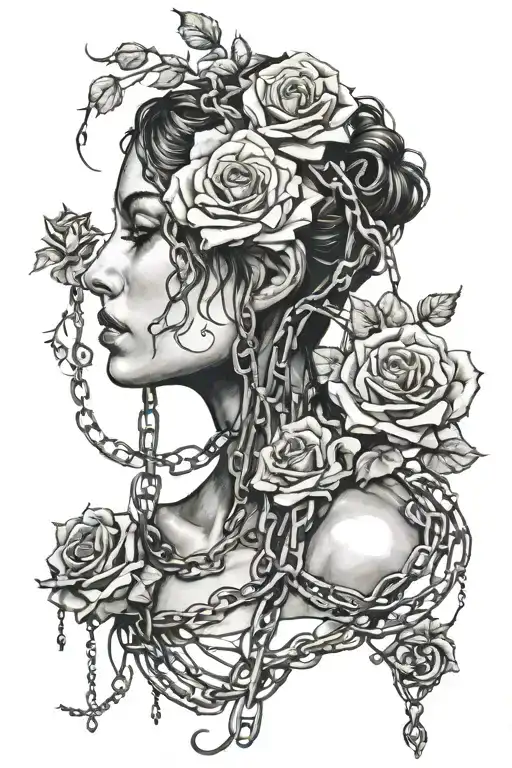 Silhouette of a naked girl's face, roots growing out of chains, roses tattoo design idea