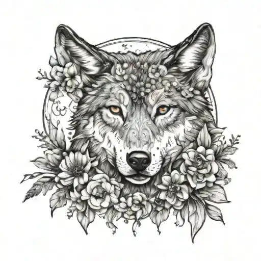 wolf face surrounded by moon and flowers tattoo design idea