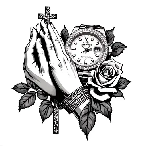 Praying hands with Rolex watch, detailed cross and one rose.  tattoo design idea