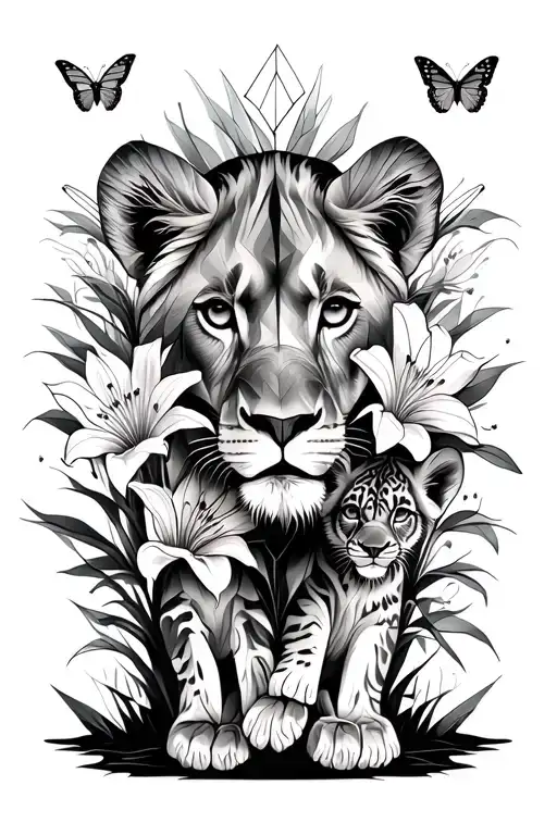lioness 2 lion cubs butterflies lily flowers tattoo design idea