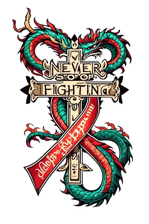 "Never stop fighting" "Never stop fighting" Colon Cancer ribbon & a Japanese dragon wrapped around a stylized cross tattoo design idea
