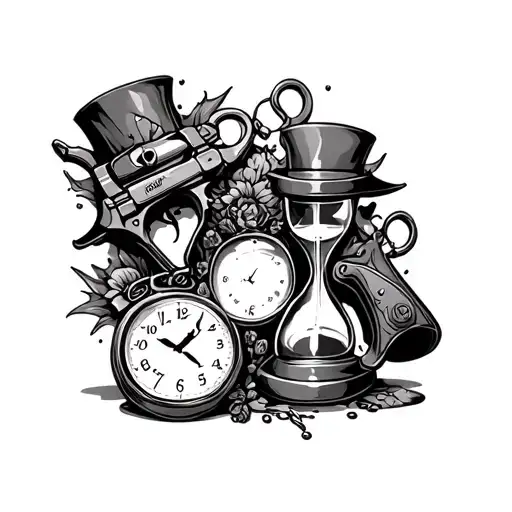 Bonnie and Clyde guns and handcuffs and an hour glass or melted clock tattoo design idea