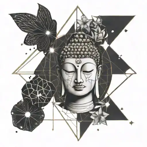 cosmic, queen, stars, buddha inner peace tattoo design idea