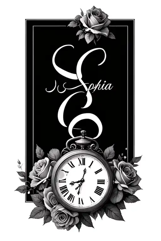 Sophia script letters with a clock and roses  tattoo design idea
